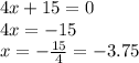 4x + 15 = 0 \\ 4x = - 15 \\ x = - \frac{15}{4} = - 3.75