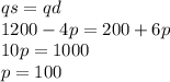 qs = qd \\ 1200 - 4p = 200 + 6p \\ 10p = 1000 \\ p = 100