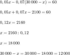 0,05x-0,07(30\, 000-x)=60\\\\0,05x+0,07x-2100=60\\\\0,12x=2160\\\\x=2160:0,12\\\\x=18\, 000\\\\30\, 000-x=30\, 000-18\, 000=12\, 000