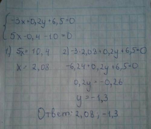 3x+0.2y+6,5=05x-0.4-10=0решите систему по действиям​