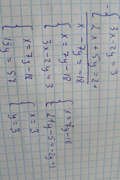 Решите систему уравнений 3x-2y=3 2x+5y=21​