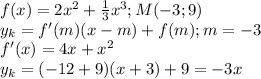 f(x)=2x^2+\frac{1}{3} x^3;M(-3;9)\\y_k=f'(m)(x-m)+f(m);m=-3\\f'(x)=4x+x^2\\y_k=(-12+9)(x+3)+9=-3x