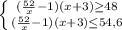 \left \{ {{(\frac{52}{x} - 1)(x+3) \geq 48 } \atop {(\frac{52}{x} - 1)(x+3) \leq 54,6}} \right.