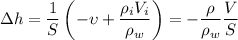 \Delta h=\dfrac1S\left(-\upsilon+\dfrac{\rho_i V_i}{\rho_w}\right)=-\dfrac{\rho}{\rho_w}\dfrac VS