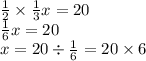 \frac{1}{2} \times \frac{1}{3} x = 20 \\ \frac{1}{6} x = 20 \\ x = 20 \div \frac{1}{6} = 20 \times 6 \\