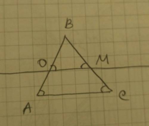 Прямая ом, параллельная боковой стороне ас равнобедренного треугольника abc, пересекает стороны ав и