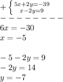 +\left \{ {{5x+2y=-39} \atop {x-2y=9}} \right. \\--------\\6x=-30\\x=-5\\\\-5-2y=9\\-2y=14\\y=-7