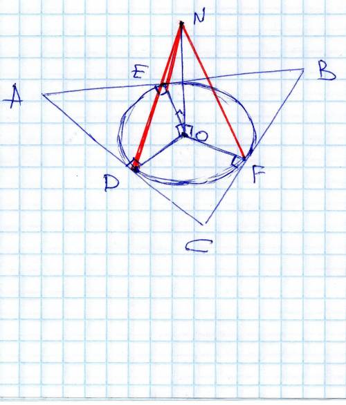 Из центра вписанной в треугольник окружности с радиусом 5 см восстановлен перпендикуляр on=12 см к п