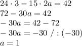 24\cdot3-15\cdot2a=42\\72-30a=42\\-30a=42-72\\-30a=-30\ /:(-30)\\a=1