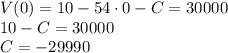 V(0)=10-54\cdot 0-C=30 000 \\ 10-C=30 000 \\ C=-29 990
