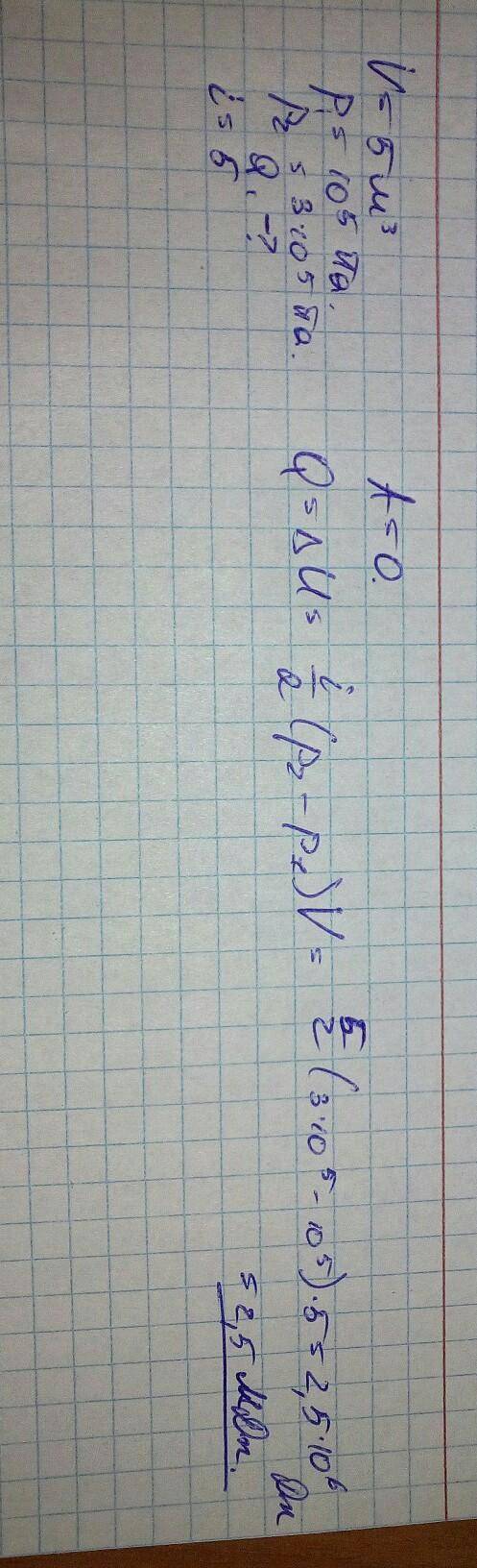 Водород занимает объем 5 м3 при давлении 10^5па . газ нагрели при постоянном объеме до давления 3*10