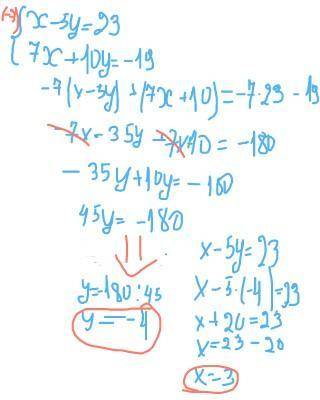 Решите систему уравнений подстановки: x-5y=23,7x+10y=-19.​