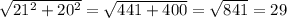 \sqrt{21^{2}+20^{2}}=\sqrt{441+400}=\sqrt{841}=29