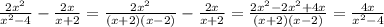 \frac{2x^{2} }{x^{2}-4 }-\frac{2x}{x+2}=\frac{2x^{2} }{(x+2)(x-2)}-\frac{2x}{x+2}=\frac{2x^{2}-2x^{2}+4x}{(x+2)(x-2)}=\frac{4x}{x^{2}-4 }