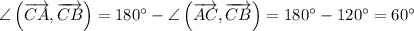 \angle \left(\overrightarrow{CA}, \overrightarrow{CB}\right) = 180^{\circ} - \angle \left(\overrightarrow{AC}, \overrightarrow{CB}\right) = 180^{\circ} - 120^{\circ} = 60^{\circ}