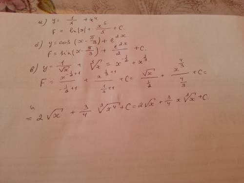 Найдите первообразную а) y=1/x+x^4 b)y=cos(x-пи/3)+e^2x c)y=1/корень из x+кубический корень изx