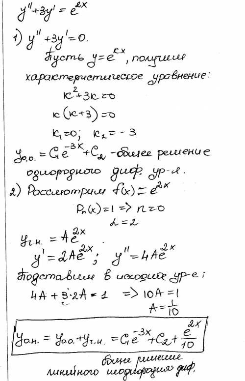 Решите неоднородное ду y+3y'=e^2x​