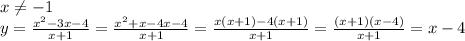 x\neq-1 \\y=\frac{x^2-3x-4}{x+1}=\frac{x^2+x-4x-4}{x+1}=\frac{x(x+1)-4(x+1)}{x+1}=\frac{(x+1)(x-4)}{x+1}=x-4