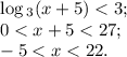 \log{_3}(x+5)<3;\\0<x+5<27;\\-5<x< 22.