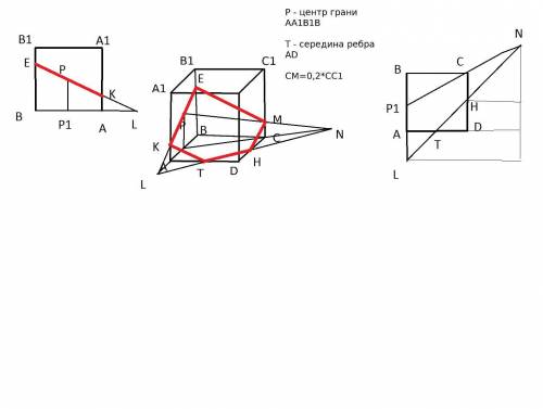 Постройте сечение куба плоскостью, проходящей через точку р – центр грани aa₁b₁b, точку т – середину