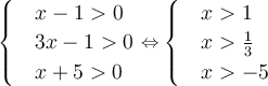 \displaystyle\large \begin{cases} &x-10\\&3x-10\\&x+50\end{cases} \Leftrightarrow \begin{cases}&x1\\&x{1\over3}\\&x-5\end{cases}