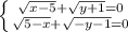 \left \{ {{\sqrt{x-5}+\sqrt{y+1}=0} \atop {\sqrt{5-x}+\sqrt{-y-1}=0}} \right.