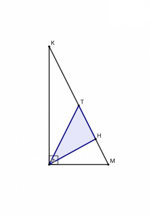 Дан прямоугольный треугольник fkm с прямым углом f и гипотенузой, равной 56. известно, что площадь т