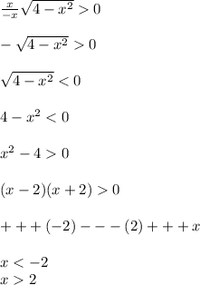 \frac{x}{ - x} \sqrt{4 - {x}^{2} } 0 \\ \\ - \sqrt{4 - {x}^{2} } 0 \\ \\ \sqrt{4 - {x}^{2} } < 0 \\ \\ 4 - {x}^{2} < 0 \\ \\ {x}^{2} - 4 0 \\ \\ (x - 2)(x + 2) 0 \\ \\ + + + ( - 2) - - - (2) + + + x \\ \\ x < - 2 \\ x 2 \\ \\