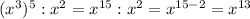 (x^{3})^{5}:x^{2}=x^{15}:x^{2}=x^{15-2}=x^{13}