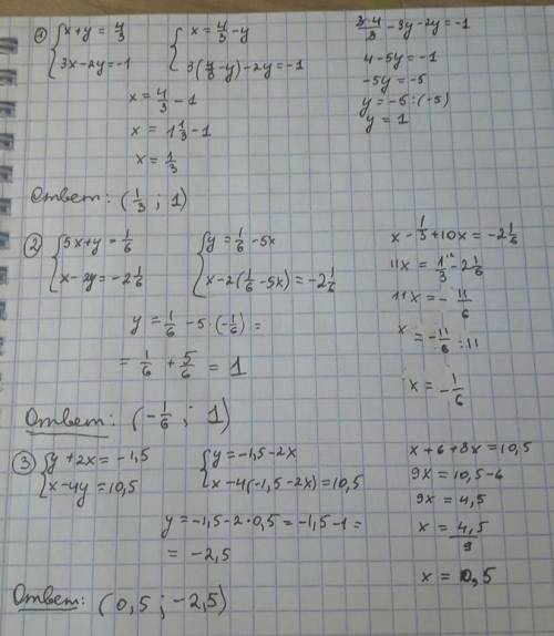 Найдите решение систем уравнений 1) {x + y = 4/3, 3x - 2y = -1 2) {5x + y = 1/6, x - 2y = -2 1/6 3)