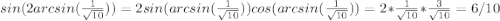 sin(2arcsin(\frac{1}{\sqrt{10}}))=2sin(arcsin(\frac{1}{\sqrt{10}}))cos(arcsin(\frac{1}{\sqrt{10}}))=2*\frac{1}{\sqrt{10} } *\frac{3}{\sqrt{10} }=6/10