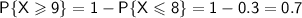 \sf P\{X\geqslant 9\}=1-P\{X\leqslant 8\}=1-0.3=0.7