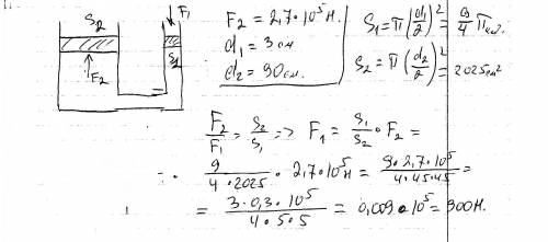 Гидравлический пресс должен производить силу 2,7*10в 5 степени н.диаметр малого поршня 3см,большого 