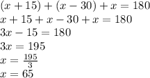 (x+15)+(x-30)+x=180\\x+15+x-30+x=180\\3x-15=180\\3x=195\\x=\frac{195}{3} \\x=65