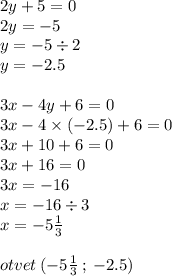 2y + 5 = 0 \\ 2y = - 5 \\ y = - 5 \div 2 \\ y = - 2.5 \\ \\ 3x - 4y + 6 = 0 \\ 3x - 4 \times ( - 2.5) + 6 = 0 \\ 3x + 10 + 6 = 0 \\ 3x + 16 = 0 \\ 3x = - 16 \\ x = - 16 \div 3 \\ x = - 5 \frac{1}{3} \\ \\ otvet \: ( - 5 \frac{1}{3} \: ; \: - 2.5)