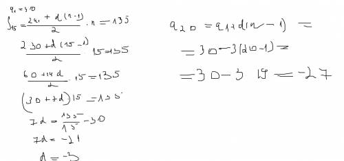 Варифметической прогрессии первый член равен 30, а сумма первых пятнадцати членов равна 135. найдите