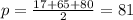 p=\frac{17+65+80}{2}=81