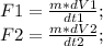 F1=\frac{m*dV1}{dt1};\\ F2=\frac{m*dV2}{dt2};\\