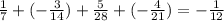 \frac{1}{7} + (-\frac{3}{14} ) + \frac{5}{28} + (-\frac{4}{21} ) = -\frac{1}{12}