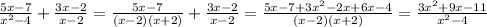 \frac{5x-7}{x^{2}-4 }+\frac{3x-2}{x-2}=\frac{5x-7}{(x-2)(x+2)}+\frac{3x-2}{x-2}=\frac{5x-7+3x^{2}-2x+6x-4 }{(x-2)(x+2)}=\frac{3x^{2}+9x-11 }{x^{2}-4 }