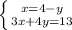 \left \{ {{x=4-y} \atop {3x+4y=13}} \right.