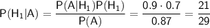 \sf P(H_1|A)=\dfrac{P(A|H_1)P(H_1)}{P(A)}=\dfrac{0.9\cdot0.7}{0.87}=\dfrac{21}{29}