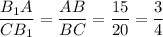 \dfrac{B_1A}{CB_1} =\dfrac{AB}{BC} =\dfrac{15}{20} =\dfrac34