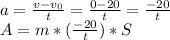 a=\frac{v-v_{0}}{t}=\frac{0-20}{t}=\frac{-20}{t}\\ A = m*(\frac{-20}{t}) *S