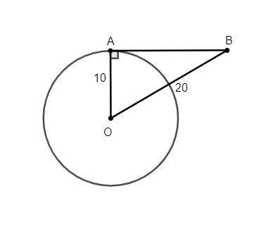 Прямая ав соприкасается в точке а с окружностью (центр- точка о, радиус–10 см). если ов=20 см, найди
