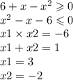 6 + x - {x}^{2} \geqslant 0 \\ {x}^{2} - x - 6 \leqslant 0 \\ x1 \times x2 = - 6 \\ x1 + x2 = 1 \\ x1 = 3 \\ x2 = - 2