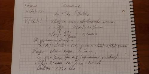 Определить объем хлора затраченного на взаимодействие с 6.5 г цинка