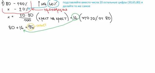 Как решить эти номера в пропорциях? : (1). а) увеличить число 80 на 20%; 30%; 65%; 80%; б) уменьшить