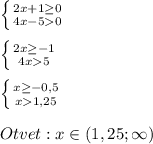 \left \{ {{2x+1\geq 0} \atop {4x-50}} \right.\\\\\left \{ {{2x\geq-1 } \atop {4x5}} \right.\\\\\left \{ {{x\geq-0,5 } \atop {x1,25}} \right. \\\\Otvet:x\in(1,25;\infty)