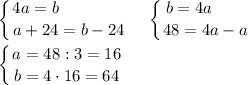 \displaystyle \left \{ {{4a=b\qquad \qquad } \atop {a+24=b-24}} \right. \quad \left \{ {{b=4a\quad \quad } \atop {48=4a-a}} \right. \\\\\left \{ {{a=48:3=16} \atop {b=4\cdot 16=64}} \right.